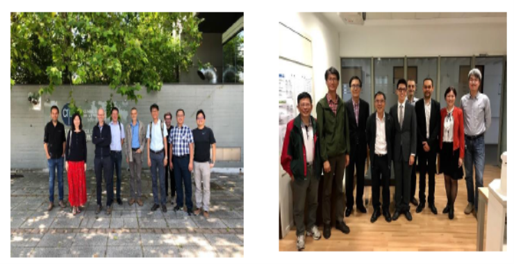 (Left) A photo of a Taiwanese team visiting France, taking a group photo at CNRS IS2M Center; (Right) A French team visiting Jiaotong University and taking a photo of the graduation oral examination of a Taiwan-French double-degree doctoral student You Shangyou.